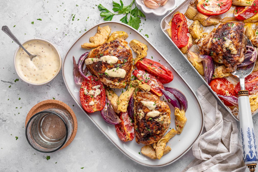 Sheet pan roasted chicken thighs with artichokes