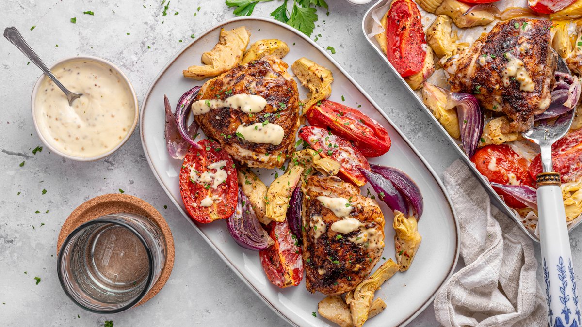 Sheet pan roasted chicken thighs with artichokes