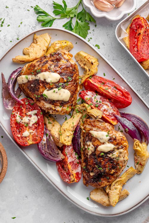 Sheet pan roasted chicken thighs with artichokes
