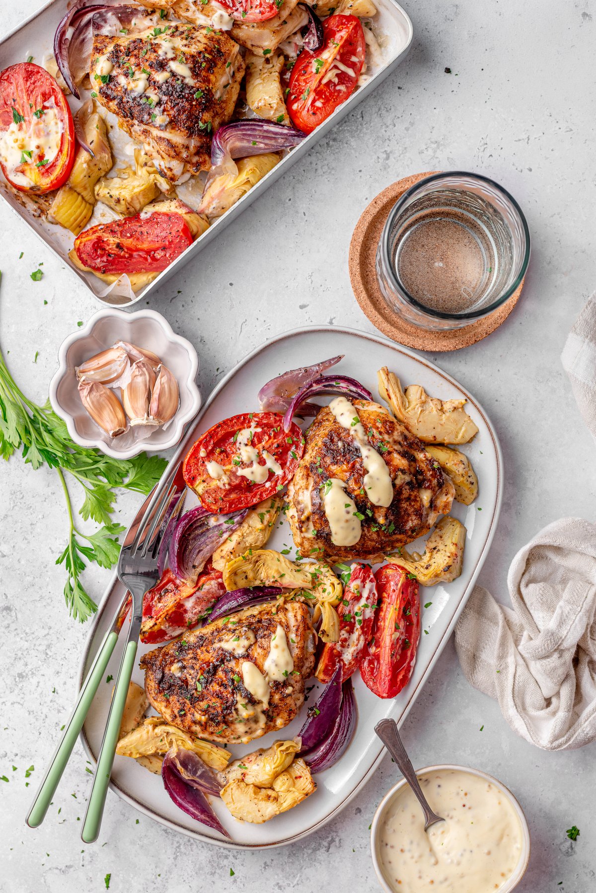 Sheet pan roasted chicken thighs with artichokes