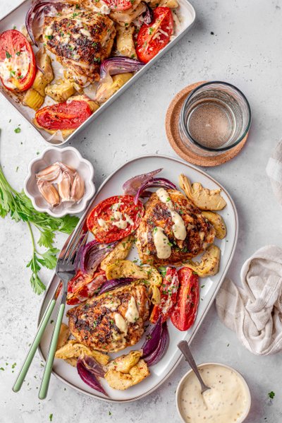 Sheet pan roasted chicken thighs with artichokes