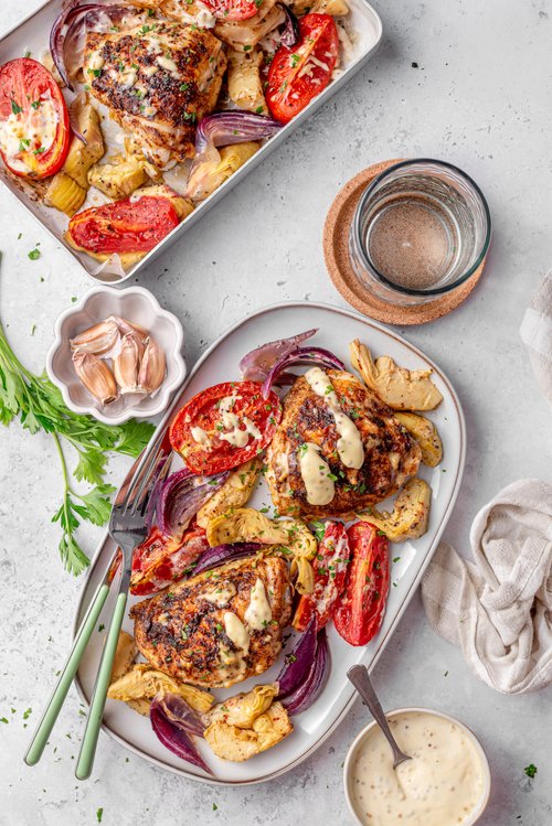 Sheet pan roasted chicken thighs with artichokes