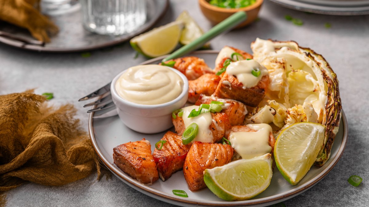 Air fryer salmon bites with wasabi mayo and roasted cabbage