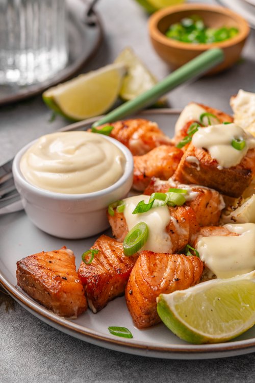 Air fryer salmon bites with wasabi mayo and roasted cabbage