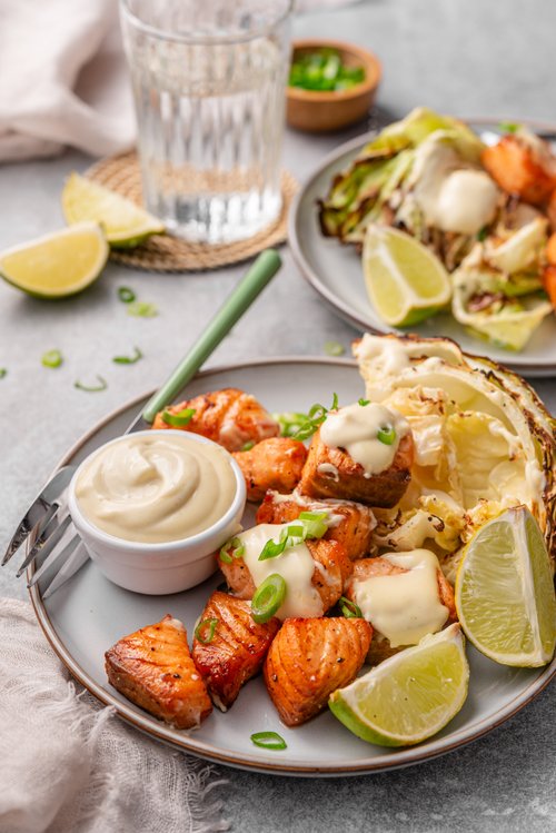 Air fryer salmon bites with wasabi mayo and roasted cabbage