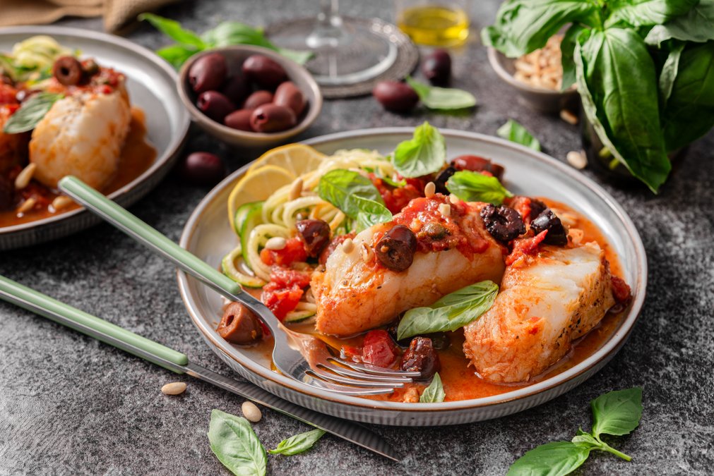 Cod puttanesca with zoodles