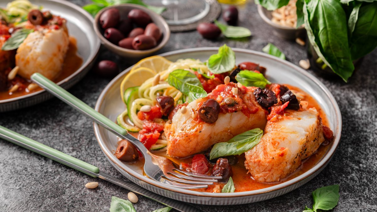 Cod puttanesca with zoodles