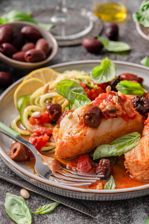 Cod puttanesca with zoodles