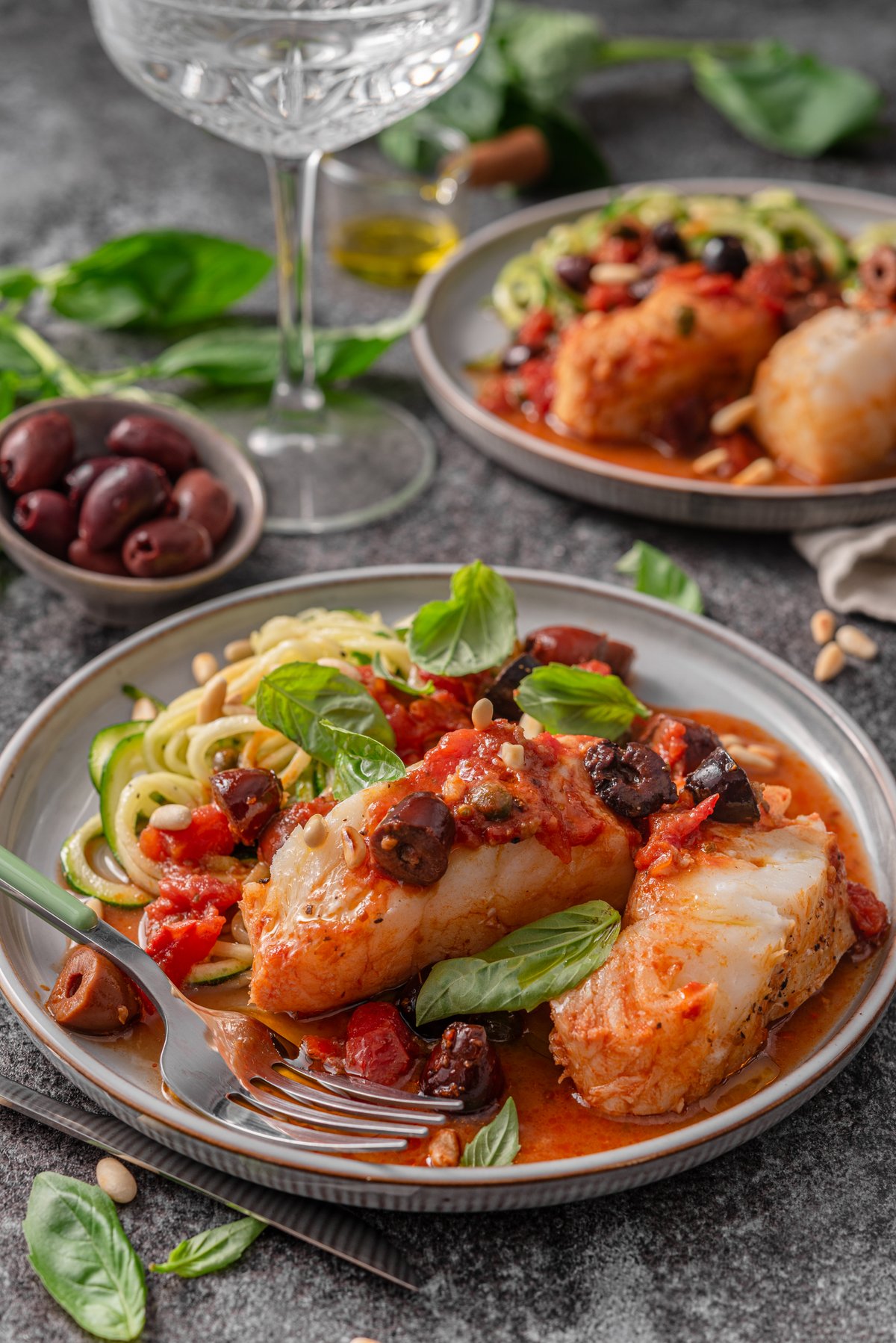Cod puttanesca with zoodles