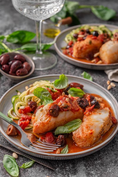 Cod puttanesca with zoodles