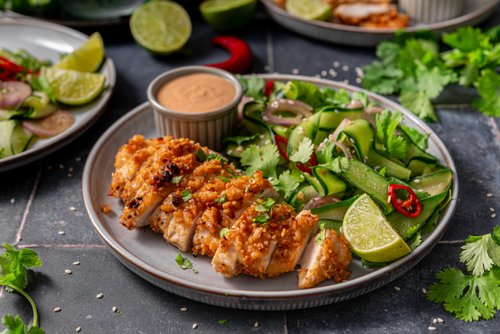 Crispy peanut chicken with Thai cucumber salad