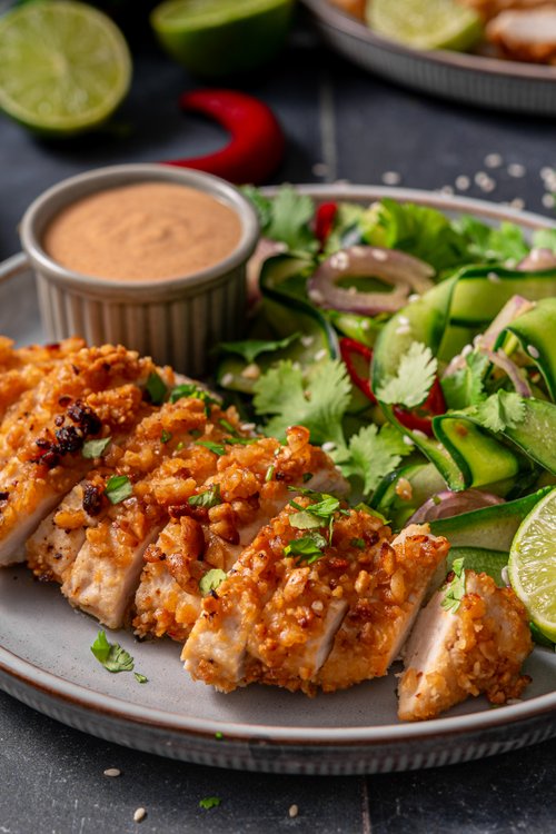 Crispy peanut chicken with Thai cucumber salad