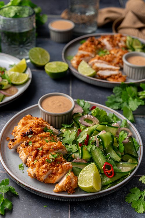 Crispy peanut chicken with Thai cucumber salad