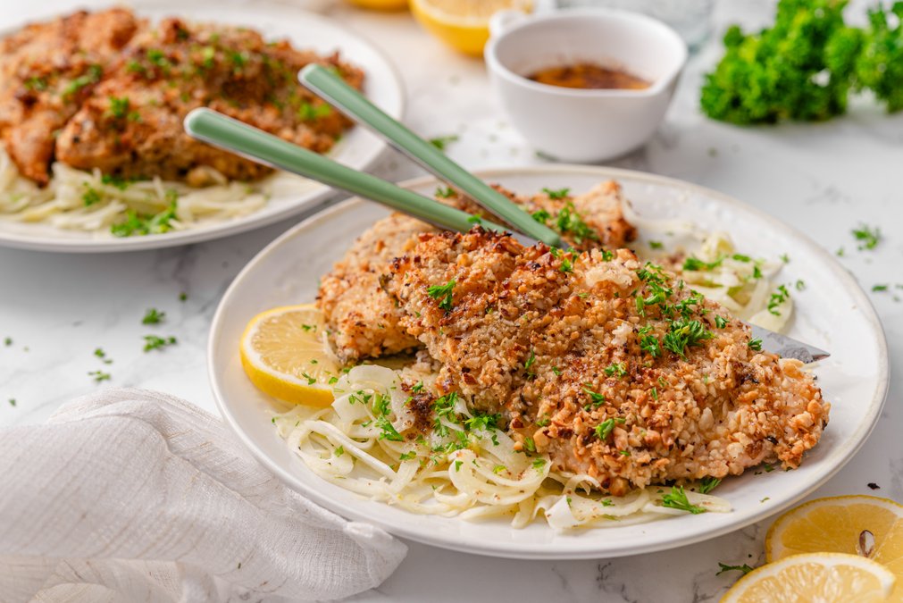 Hazelnut-crusted trout with brown butter and fennel salad