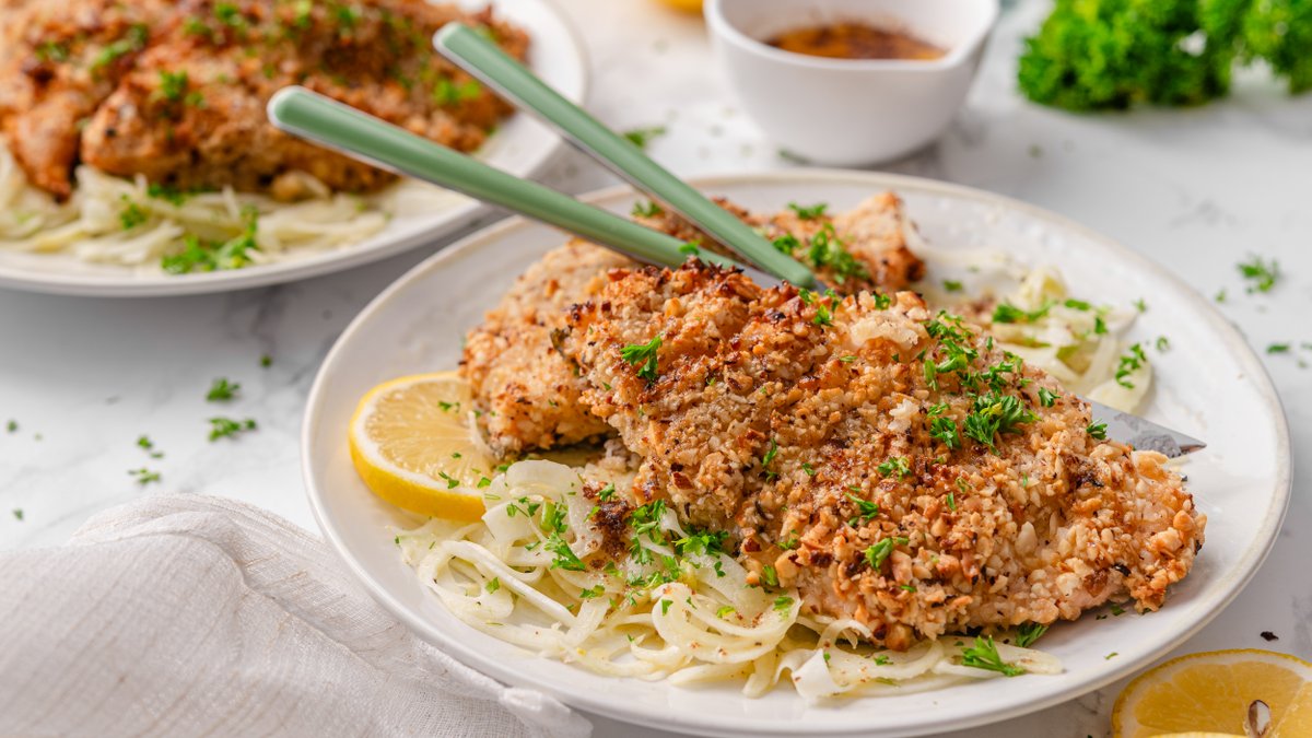 Hazelnut-crusted trout with brown butter and fennel salad