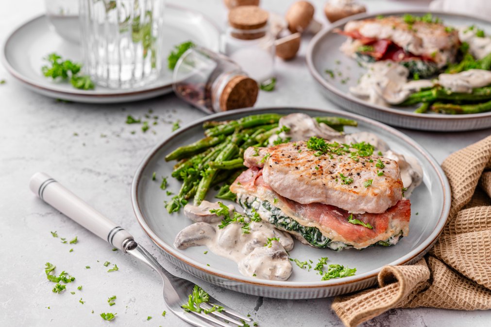 Stuffed pork chops with creamy mushroom sauce