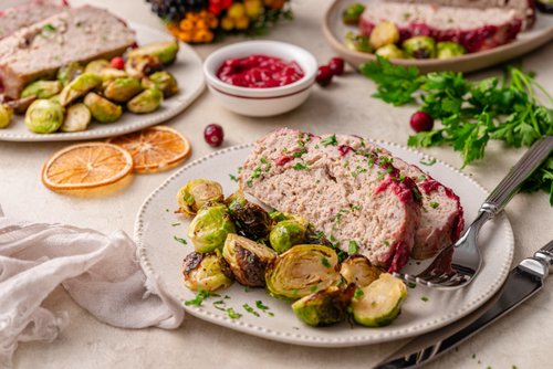 Turkey meatloaf with cranberry glaze and Brussels sprouts