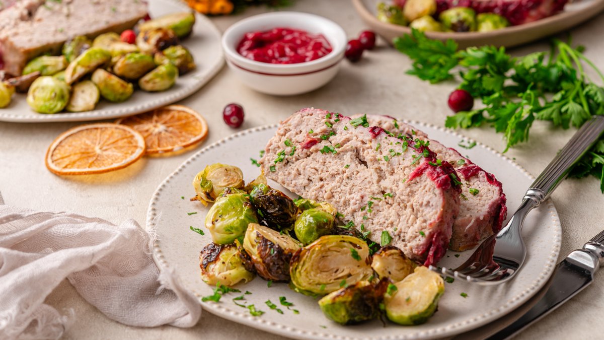 Turkey meatloaf with cranberry glaze and Brussels sprouts