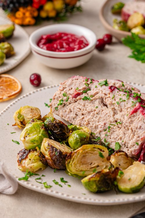 Turkey meatloaf with cranberry glaze and Brussels sprouts
