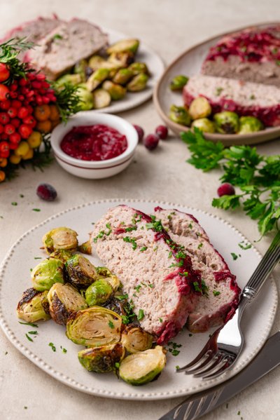 Turkey meatloaf with cranberry glaze and Brussels sprouts