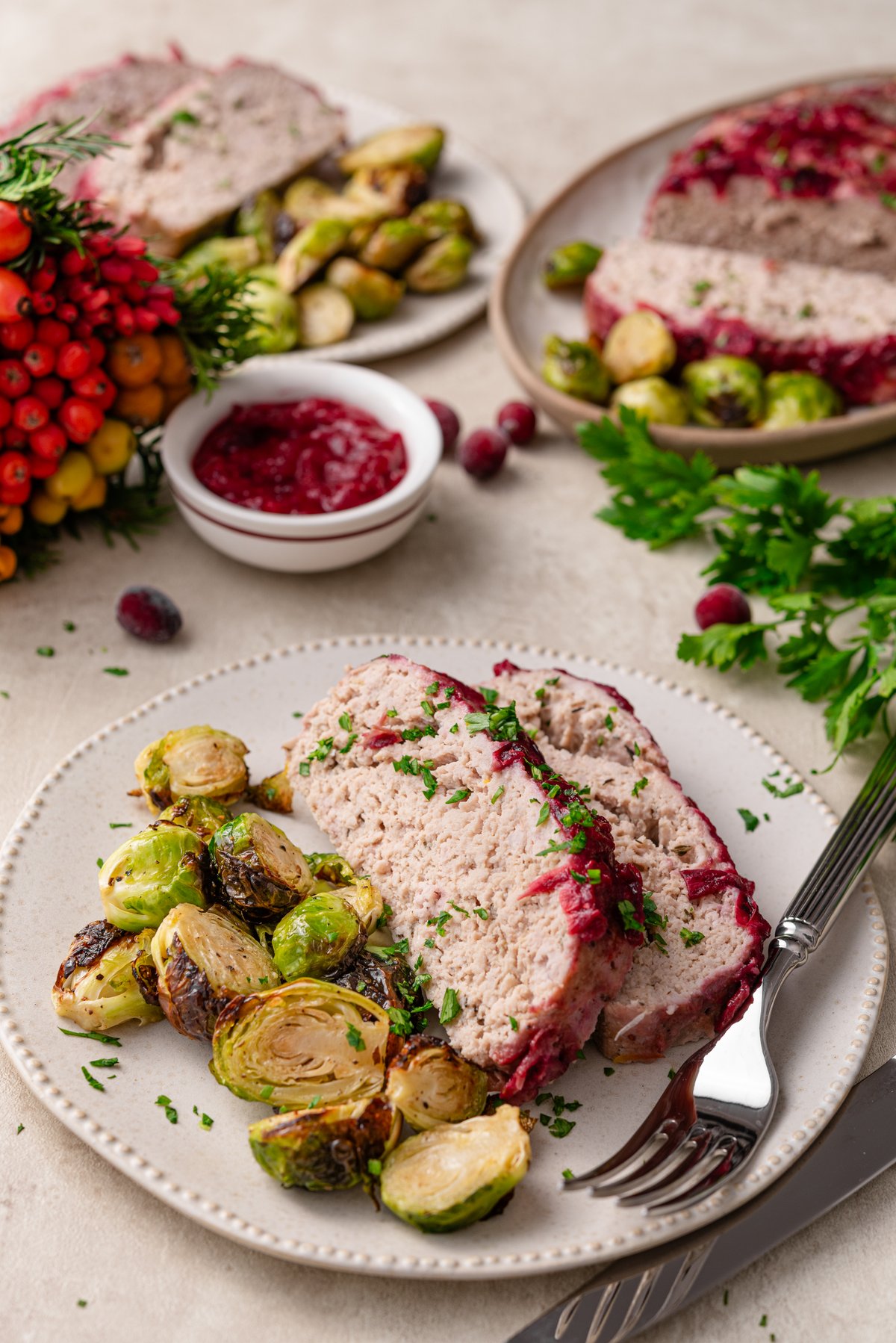 Turkey meatloaf with cranberry glaze and Brussels sprouts