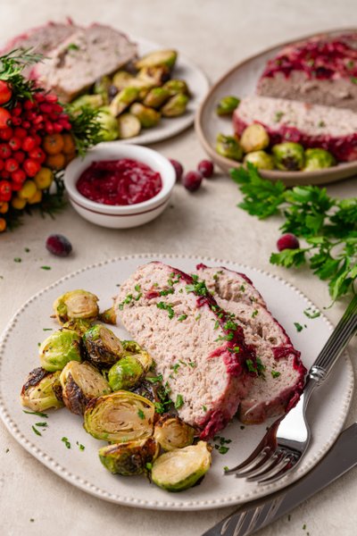Turkey meatloaf with cranberry glaze and Brussels sprouts